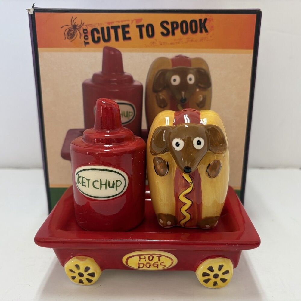 Vintage Cracker Barrel Too Cute to Spook Hot Dog Ketchup Salt and Pepper Shakers